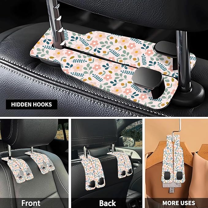Car Seat Headrest Hook, Universal Leather Cute Hanger Holder Hook, Storage Organizer Interior Accessories for Purse Bags Handbag Cute Boho Flowers
