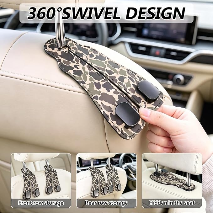 Cute Camo Car Seat Back Storage Headrest Hooks for Purses & Bags – 2PCS PU Leather Dual Metal Hooks, Backseat Organizer Accessories