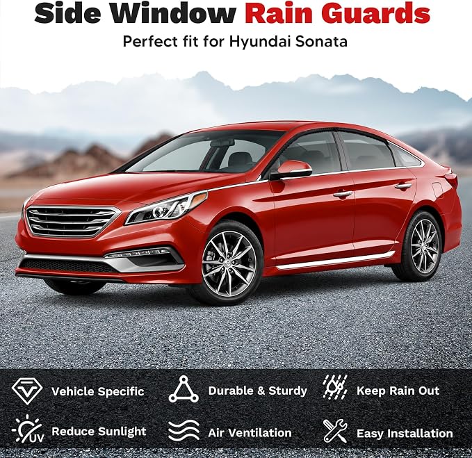 Sonata Rain Guards - Window Visors for Hyundai Sonata 2015-2019, Outside-Mount Tape-On Side Window Wind Deflectors for Hyundai Sonata Accessories, Vent Visors Shades Rainproof Black 4PCS