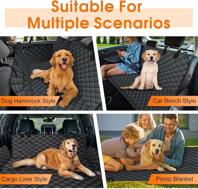 Waterproof Dog Car Seat Cover for Back Seat, Pet Hammock- S, Black | Durable waterproof hammock with nonslip design & storage pockets. Protects seats from scratches, fits cars, SUVs & trucks.