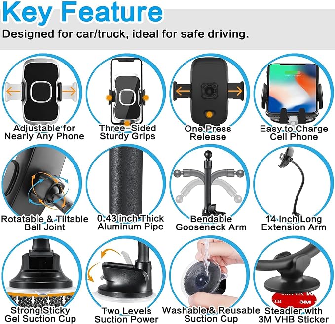 Solid Car Truck Phone Mount Holder with 14-Inch Gooseneck Long Arm, Windshield Window Mobile Holders w/Industrial-Strength Suction Cup, Anti-Shake Stabilizer Compatible All Cell Phones iPhone