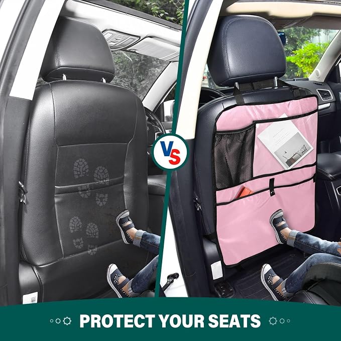 Pink Car Seat Organizer for Kids Backseat Kick Mat with Adjustable Strap Back Seat Protectors for Vehicle SUV Car 2 Pcs