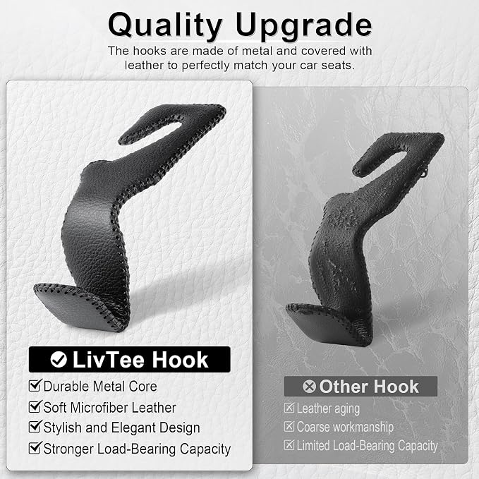 Headrest Hook for Car, Back Seat Organizer Black Leather Hanger Holder Hook, Interior Car Accessories for Hanging Purses Bags Coats, 4 Pack