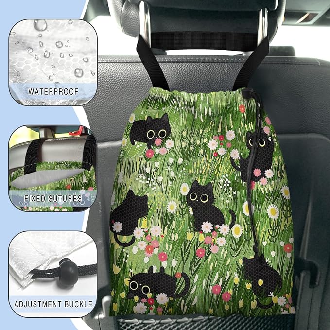 Car Trash Bag Hanging Back of Seat Waterproof Small Cute Printed One-Handed Strap Drawstring Garbage Bags for Car-Black Cat Floral