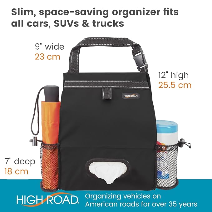 Car Organizer with Car Trash Bag and Tissue Holder - Holds Full Size Tissue Box, Bottles and Wipe Containers - 2 Gal Leakproof Covered Car Trash Can with Push-Close Lid