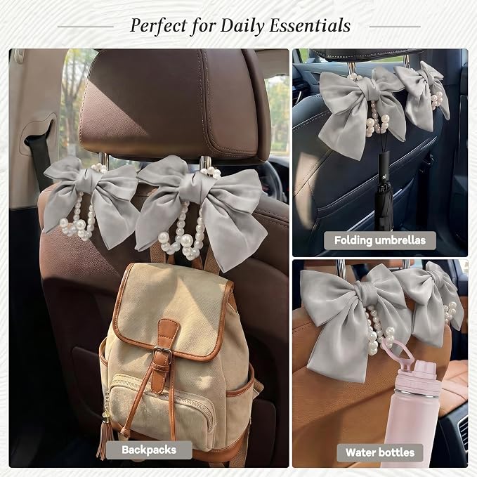 2PCS Satin Bow Pearl Car Seat Headrest Hooks – Car Bag Holder & Vehicle Hanger for Purses – Cute Coquette Aesthetic Interior Decoration – Cute Auto Organizer Accessories Universal (Moonlight Grey)