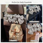 2PCS Satin Bow Pearl Car Seat Headrest Hooks – Car Bag Holder & Vehicle Hanger for Purses – Cute Coquette Aesthetic Interior Decoration – Cute Auto Organizer Accessories Universal (Moonlight Grey)