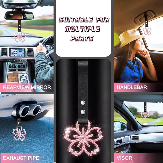 Cherry Blossoms Car Handle Strap Drift Charm Car Accessories Bling Handle Ring for Women Rear Bumper Warning Ring Decor for Auto Bus Interior Exterior Decoration (Pink, Sakura Style)