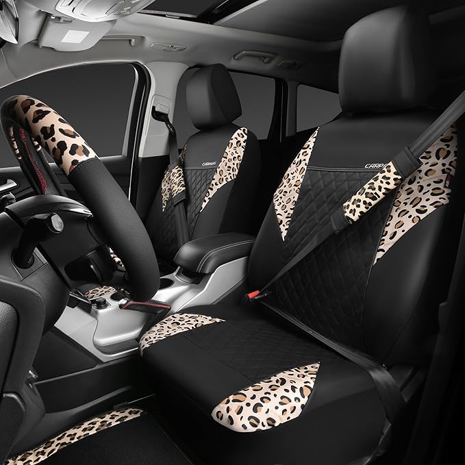 Leopard Print Faux Leather Car Seat Covers & Leopard Car Mats&Leopard Steering Wheel Cover Seat Belt Pad Universal Car Accessories for SUV,Van,Saden,Truck Automobile Interior Sets