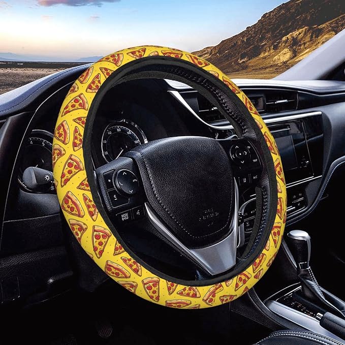 Funny Food Cartoon Pizzas Steering Wheel Covers Anti-Slip Elasticity Car Accessories Steering Wheel Protector Universal 15 Inch for Cars SUV Vehicle Truck