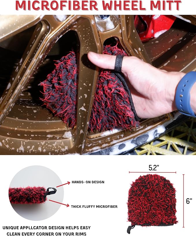 7PCS Car Wheel Rims Detail Cleaning PRO Wash Kit, Wheel Wash Mitt, Tire Brush, 2PCS Soft Wheels Brush, Detailing Brush, and Tire Dressing Pads, Microfiber Dry Towel Scratch-Free Cleaning