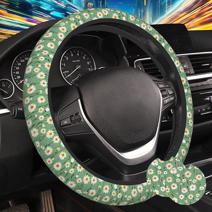 White Daisy Flower Steering Wheel Cover for Women, Anti-Slip Sage Green Car Steering Wheel Cover with 2 Pcs Cup Holders Neoprene Breathable Car Accessories Universal 15 Inch Auto Interior Decor