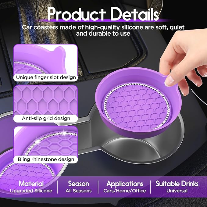 Car Cup Coaster Universal Non-Slip Cup Holders Bling Crystal Rhinestone Car Interior Accessories 4 Pack Purple