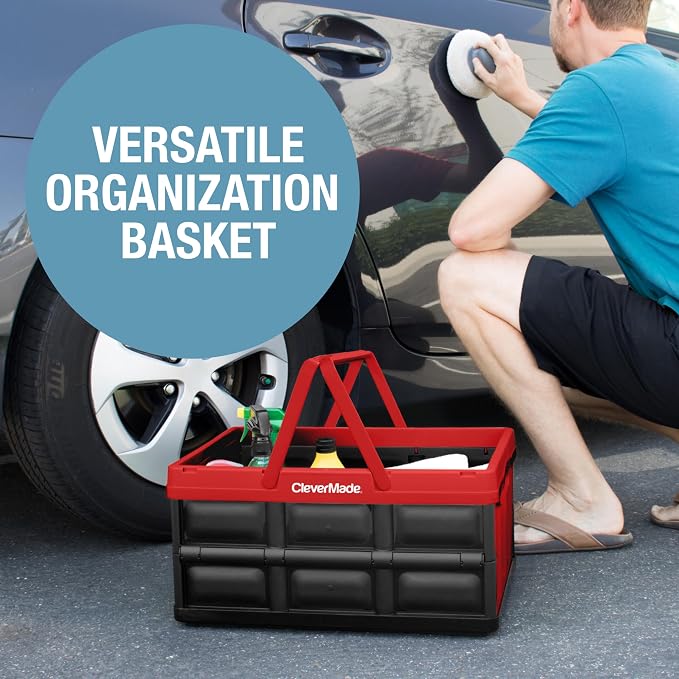Collapsible Shopping Basket 32L – Folding Grocery Basket with Handles, Stackable Reusable Storage Crate with 35 lb Capacity, Recycled Plastic, Car Trunk Organizer - Red