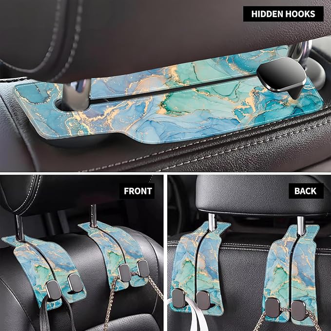 Car Seat Headrest Hooks for Purses and Bags Abstract Turquoise Golden Marble 1 Pack Bag Purse Holder for Car with Double Metal Hooks Car Purse Hanger Hanging Accessories