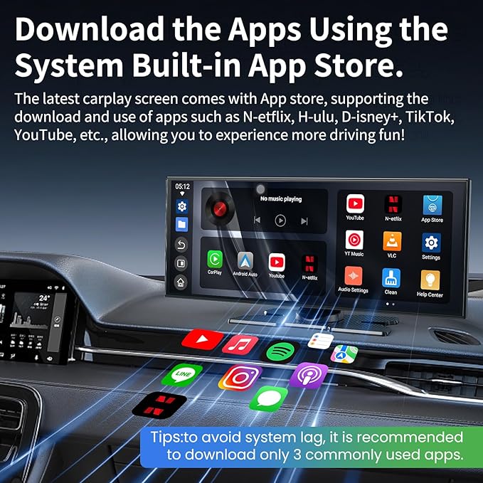 Largest 11.5 inch Wireless CarPlay Screen for Car,Built-in N-etflix/YouTube/TikTok and other apps,A-pple CarPlay & Android Auto screen with1080P Backup Camera/Navigation/Voice Control,for All Vehicles
