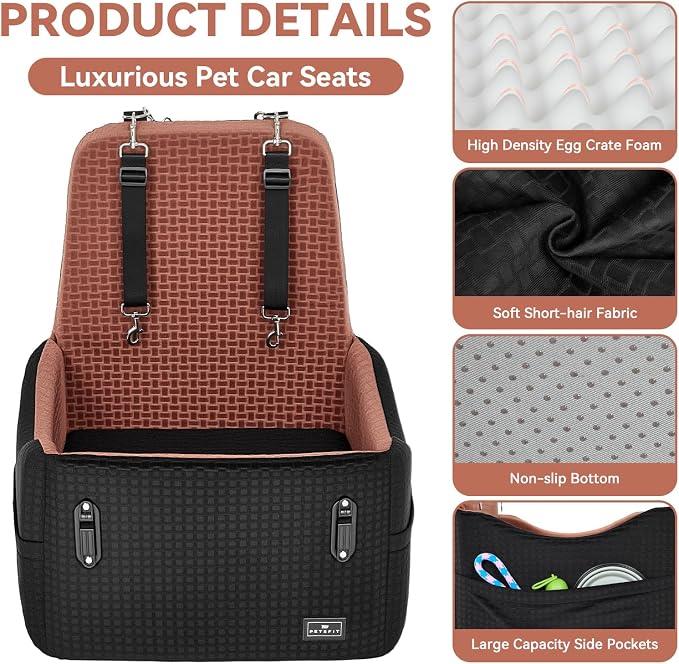 Dog Car Seat for Small/Medium Dogs Up to 35 lbs – Patented Safety System, 5" Memory Foam Pet Booster Car Seat, Fully Detachable and Washable Dog Carseat with 2 Storage Pockets (Black/Brown)