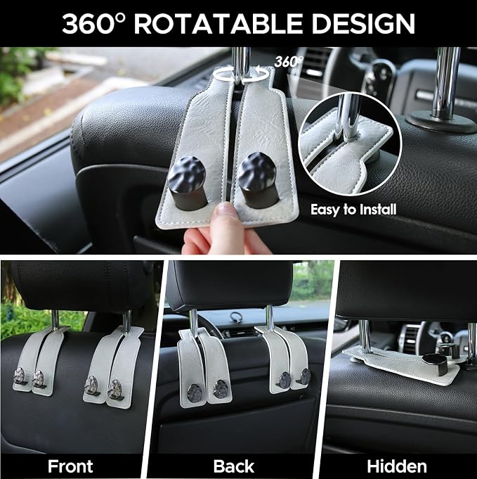 2PCS Leather Car Seat Hooks for Headrest, Vehicle Hanger Storage Organizer Universal for Handbag Purse, Car Accessories Gift (Grey-Black)