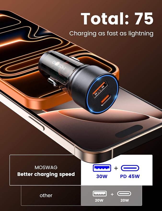 USB C Car Charger, 75W Mini Cigarette Lighter USB Charger | 45W PD&QC 3.0 USB C Fast Charge,Mini Cigarette Lighter Adapter for iPhone 17 16 15 14 Pro Max,Samsung S26 S25,Note,Pixel,iPad