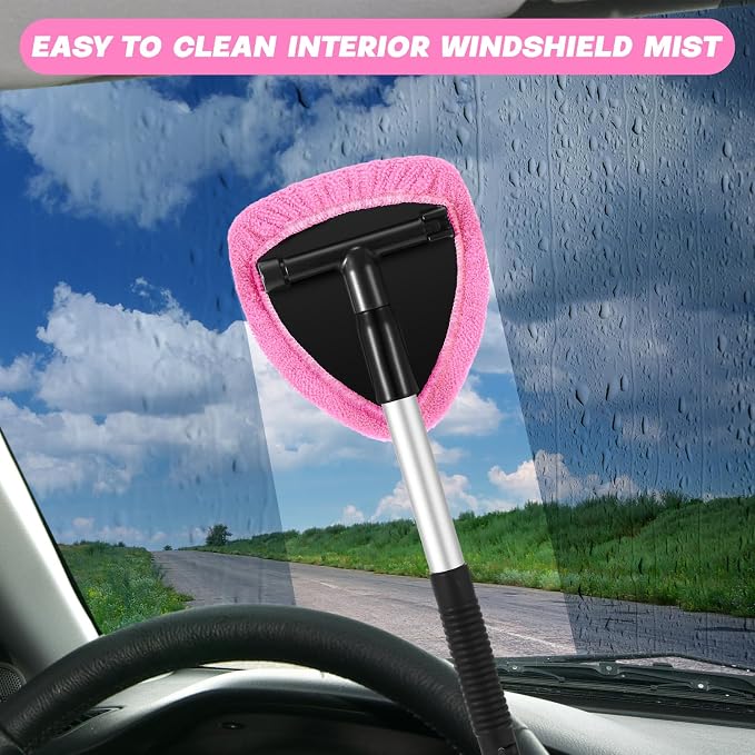 10 Pcs Windshield Cleaner Tool Car Window Cleaning Supplies with Extendable Handle Include 6 Washable Microfiber Bonnets 2 Empty 60ml Spray Bottle Glass Wiper Kit(Pink)