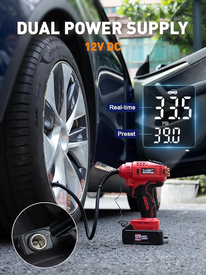 Portable Tire Inflator for Car, 20V/12V Dual-Power & Max 150 PSI Design | Car Portable Air Compressor, Digital Tire Inflator with Gauge, Smart Auto-Stop & Fast Inflation for Cars, Motorcycles, Bikes