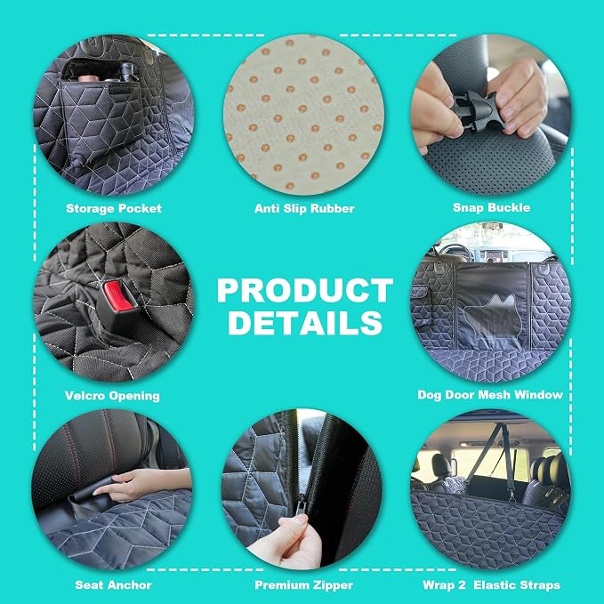 Dog Car Seat Cover for Back Seat, 60" Waterproof Dog Car Hammock with Mesh Window and Side Flaps, 600D Oxford Fabric Pet Seat Protector for Cars, SUVs & Mid-Size Trucks, Black