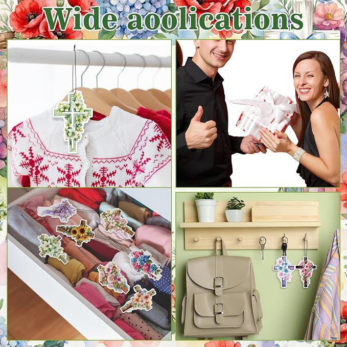 30 Pack Christian Cross Air Fresheners Bulk Religious Fresh Flower Scented Hanging Ornaments for Rearview Mirror Cross Fresheners Accessories for Women Men