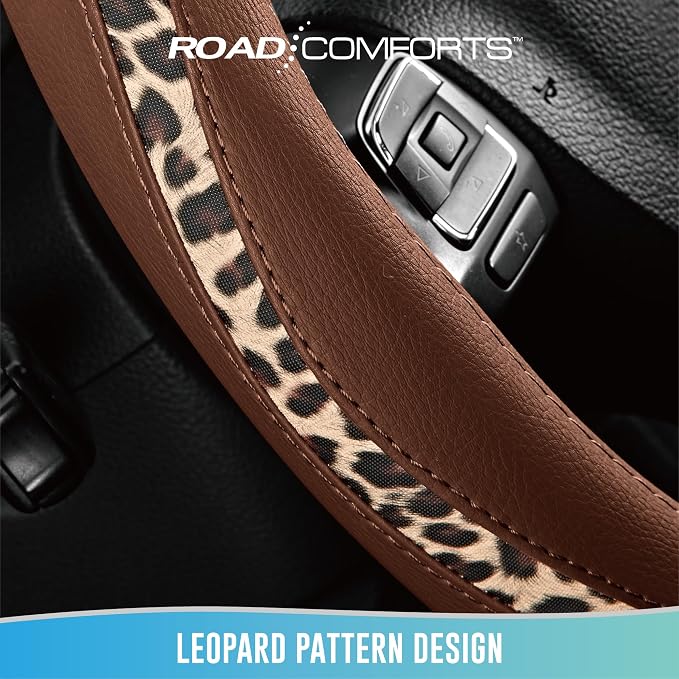 Steering Wheel Cover - Made with PVC Leather and Leopard Fabric - Universal 14 1/2 inches to 15 inches for Most Automotive Steering Wheel - Cheetah Print - Brown