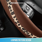 Steering Wheel Cover - Made with PVC Leather and Leopard Fabric - Universal 14 1/2 inches to 15 inches for Most Automotive Steering Wheel - Cheetah Print - Brown