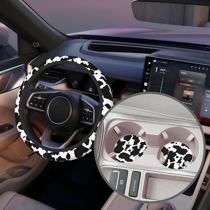 Black and White Cow Fur Print Steering Wheel Cover for Women, Anti-Slip Car Steering Wheel Cover with 2 Pcs Cup Holders Neoprene Breathable Car Accessories Universal 15 Inch Auto Interior Decor