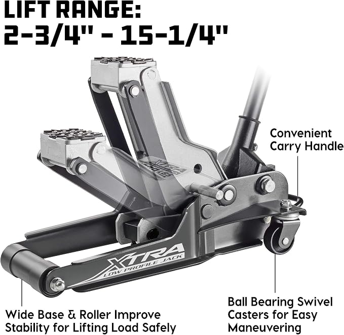 Powerbuilt Xtra Low Profile Floor Vehicle Jack with Safety Bar, Extra Low Car Jack - 2 Ton Load Capacity 620479E, Silver