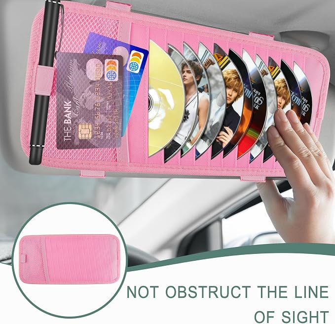 Sun Visor CD Holder, 12-Capacity Car Visor Organizer with DVD Sleeves and Mesh Pocket, Universal Visor Storage for Vehicle CD Case and Pen Holder Ergonomic Design (Pink 1 Pcs)