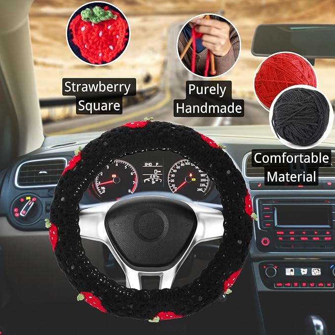 Crochet Steering Wheel Cover Set,Cute Car Steering Wheel Cover Boho 14-15in,Black Strawberry Granny Square, Hippie Car Accessories for Women(Black Strawberry Cover Set)