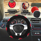 Crochet Steering Wheel Cover Set,Cute Car Steering Wheel Cover Boho 14-15in,Black Strawberry Granny Square, Hippie Car Accessories for Women(Black Strawberry Cover Set)