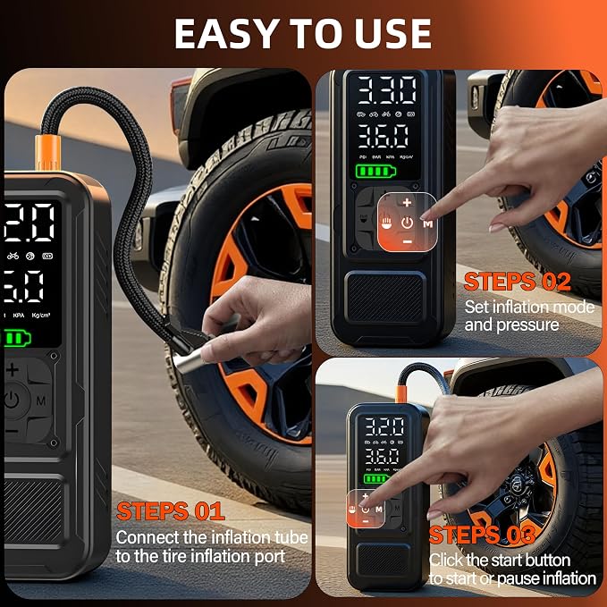 Y34 Tire Inflator Portable Air Compressor,4X Faster Inflation,10000mAh Cordless/12V DC 150PSI Air Pump for Car Tires with Digital Pressure Gauge/LED Light for Car,Motorcycle,Bike,Ball