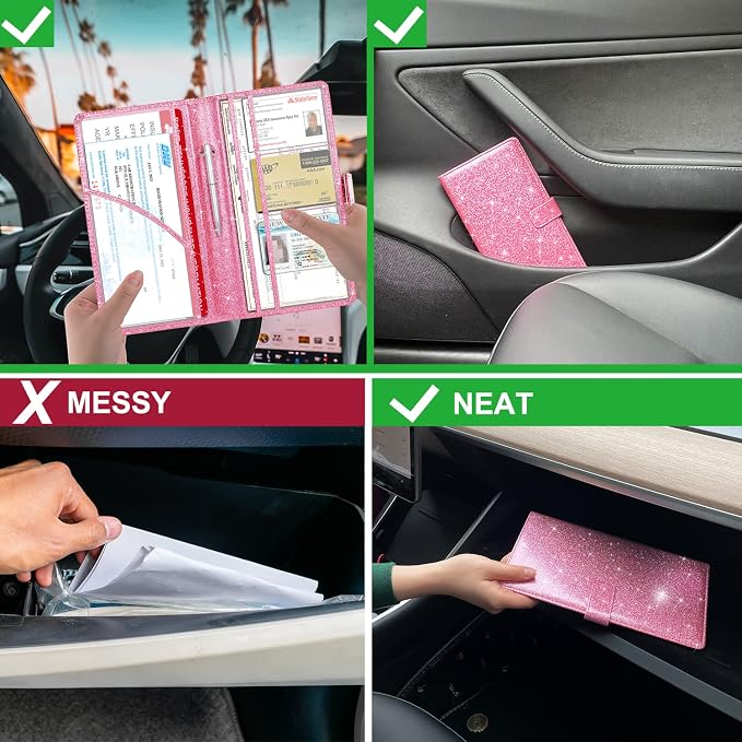 Car Registration & Insurance Holder - Leather Glove Box Organizer, Cool Accessories for ID, Driver's License Cards & Docs, Men & Women, Pink Glitter