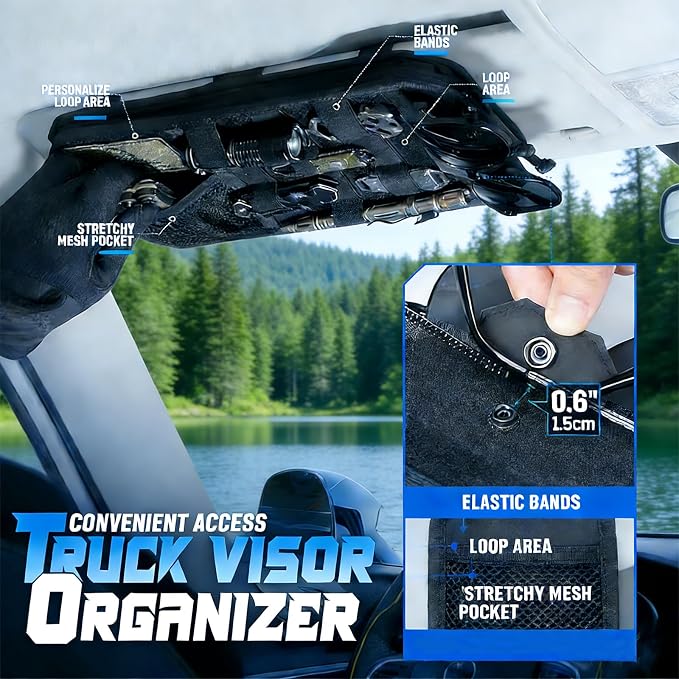 Molle Car Sun Visor Organizer,Car Accessories with Zipper Visor Storage Pouch&Glasses Clip&Adjustable Straps, Semi-Rigid Molle Panel for Tactical Gears, Fits Most Vehicles, SUVs (Khaki)