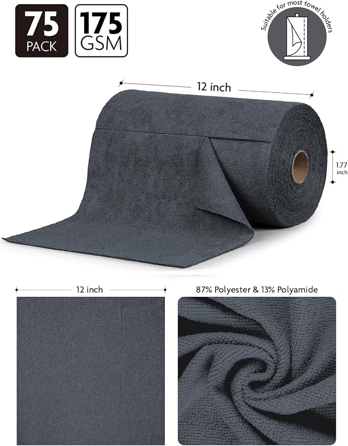 Microfiber Cleaning Cloth Roll- 75 Sheets, 12" x 12"(Dimgrey) | Super Absorbent, Lint-free, Tear-away Microfiber Towel Roll, for All-Purpose Cleaning, Reusable Alternative to Paper Towels