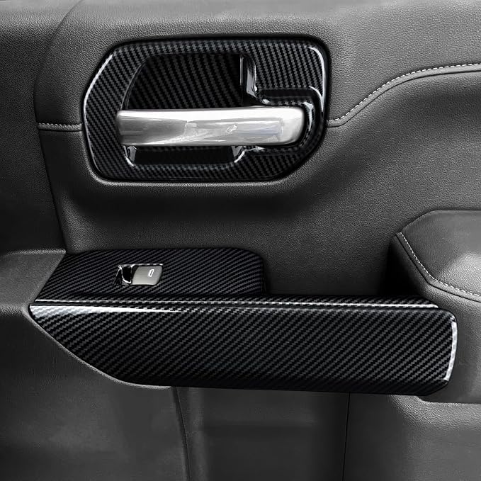 Car Inner Door Handrail Handle ABS Carbon Fiber Sticker Cover Interior Trim for 2019-2025 Chevy Silverado | for 2019-2021 GMC Sierra 1500 2500 3500 HD Decal Accessories （Crew Cab, Style A
