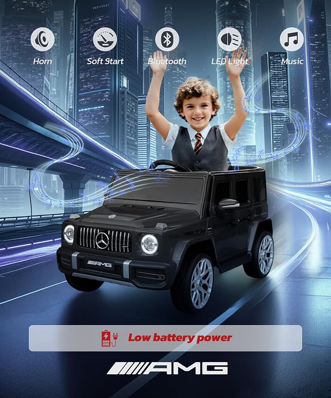 Licensed Mercedes-Benz AMG G63 Ride on Toys,12V Ride on Car with Remote Control,Rechargeable Battery,Flickering Lights/LED Lights, Bluetooth,Music, Soft Start, Low Battery Prompt,Dark Black