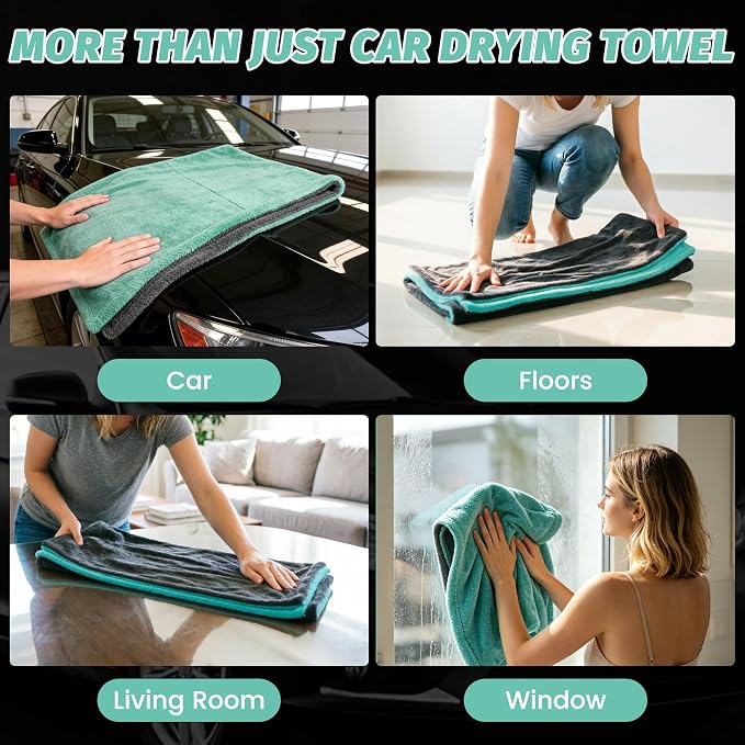 Dual Sided Microfiber Towels (48"x 24") Extra Large Ultra Absorbent Drying Towel for Cars,Trucks; Without Streaks, Scratches, or Water Spots Double-Twist Pile & Edgeless Design (Aqua blue-Gray)