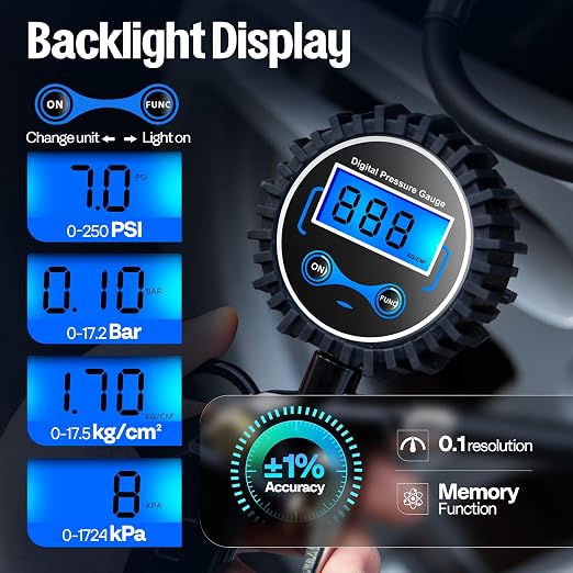 SPECSTAR 2 Pack Digital Tire Inflator with Pressure Gauge, Night Available 250 PSI Air Chuck and Compressor Accessories with Rubber Hose and Quick Connect Attachment for 0.1 Display Resolution