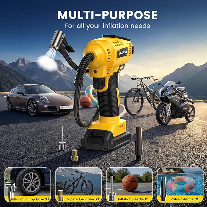 Tire Inflator Air Compressor Compatible with Dewalt 20V Battery, 150PSI Cordless Portable Air Pump with Digital & Auto Shut-Off, LED Light for Car Motorcycles Bike Ball (Tool Only) (Yellow)