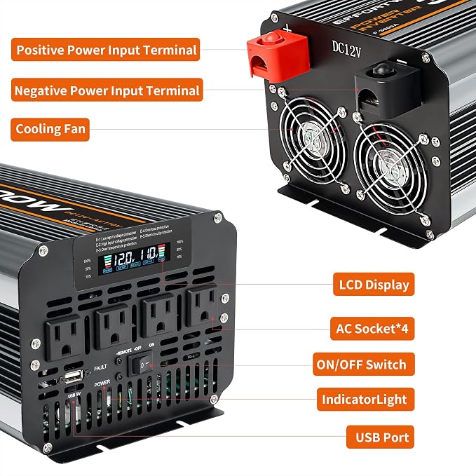 3000w Power Inverter DC 12V to AC 110V/120V Converter with 6000w Peak.Comes with LCD Display, Wireless Controller,4AC outlets 1USB.RV Inverter,Suitable for Camping,and Off-Grid Solar Inverter Systems