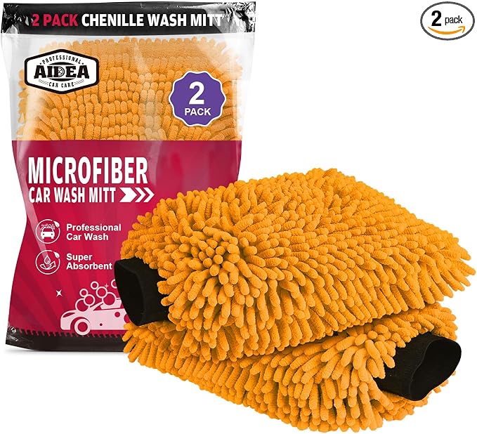 AIDEA Car Wash Mitt Microfiber, 2PK, Car Wash Brush, Orange, 8' X12'' | Scratch Free Lint-Free, Premium Chenille Microfiber Mitt, Cleaning Supplies, Extra Large Size