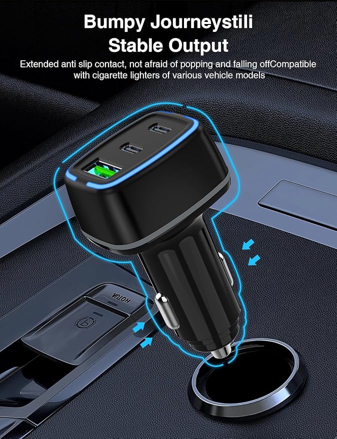 75W USB C Car Charger, 3-Port Super Fast Charging PD 3.0 & QC 3.0 Cigarette Lighter Adapter for iPhone 17/16/15 Pro Max, Samsung Galaxy S26/S25/S24 Ultra, with 4Pack 3FT+6.6FT Type C Cable