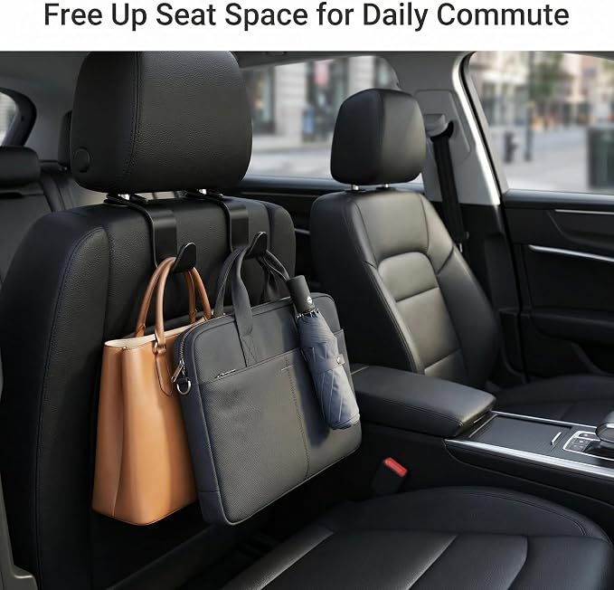 Car Headrest Hooks – 4-Pack Black, 13 lbs Capacity | Hang purses, coats, umbrellas & grocery bags. Universal fit for most headrests. ABS design keeps car tidy & clutter‑free.