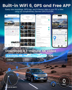 Dash Cam Front and Rear - C4 Dual 4K Built-in GPS and 5G WiFi, Free 128GB Card Included, HDR Night Vision, WDR, 4K UHD Dash Camera for Cars, App, 24H Parking Mode