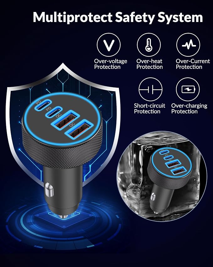 for iPhone 17 16 15 Pro Max Car Charger, 2-Pack 90W 4-Port Car Charger USB C Fast Charge Cigarette Lighter Adapter Accessories with 240W 3FT USB C Cable for iPhone 17/17 Pro/Air/16/15 Pro Max, Android