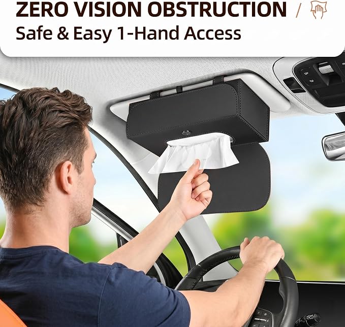 Magnetic Foldable Car Tissue Box - Easy-Install Tissue Holder for Sun Visors and Seat Backs,Premium Leather Car Napkin Organizer—Designed for Commuters,Rideshare Drivers and Families(Black)